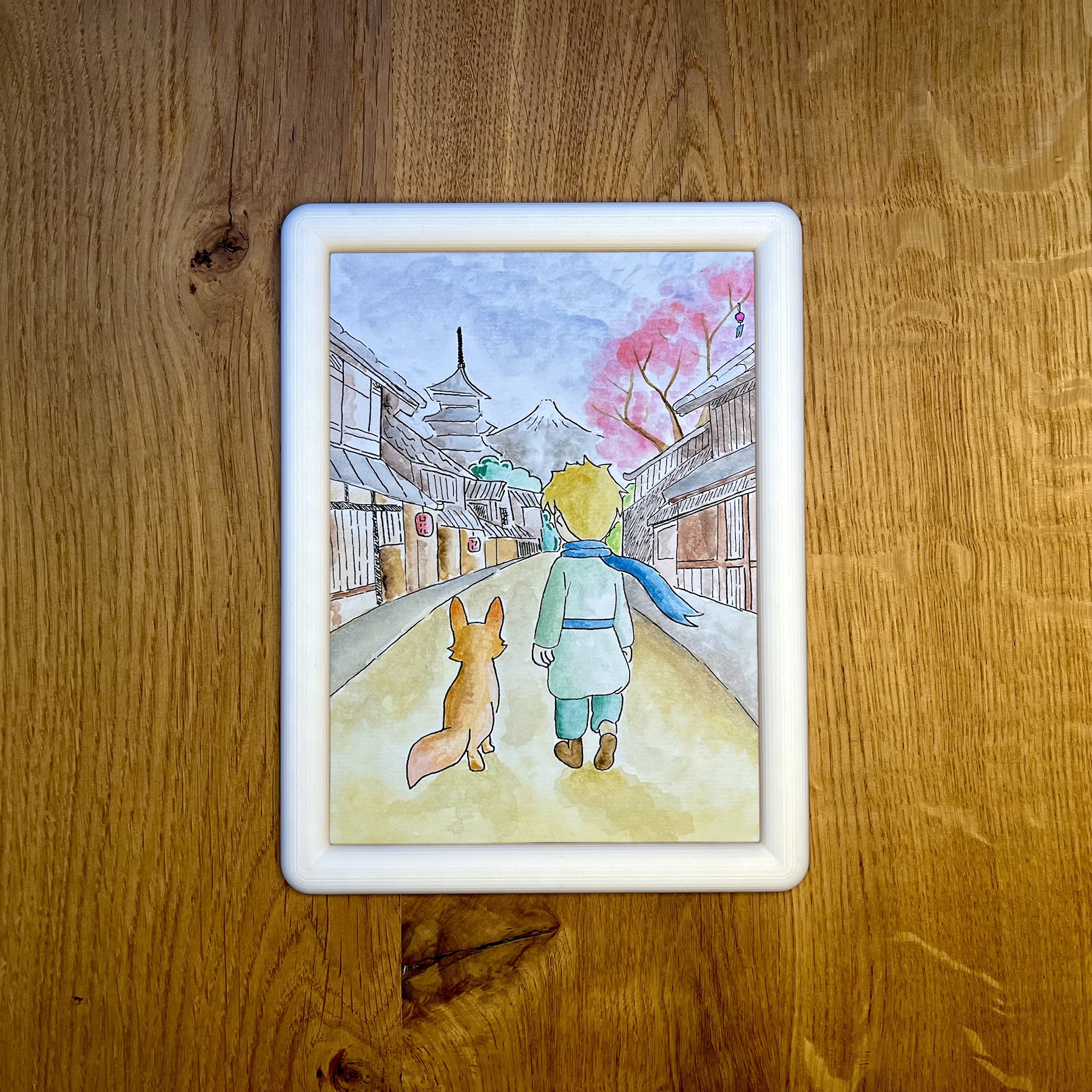 Passeggiata nel villaggio – Piccolo Principe e volpe – Acquerello con cornice personalizzabile